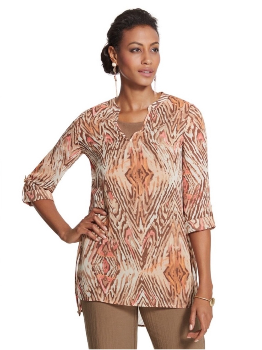 Chico’s Travelers Collection Animal Print Top Size 3 US XL Sheer Brown Tan Coral